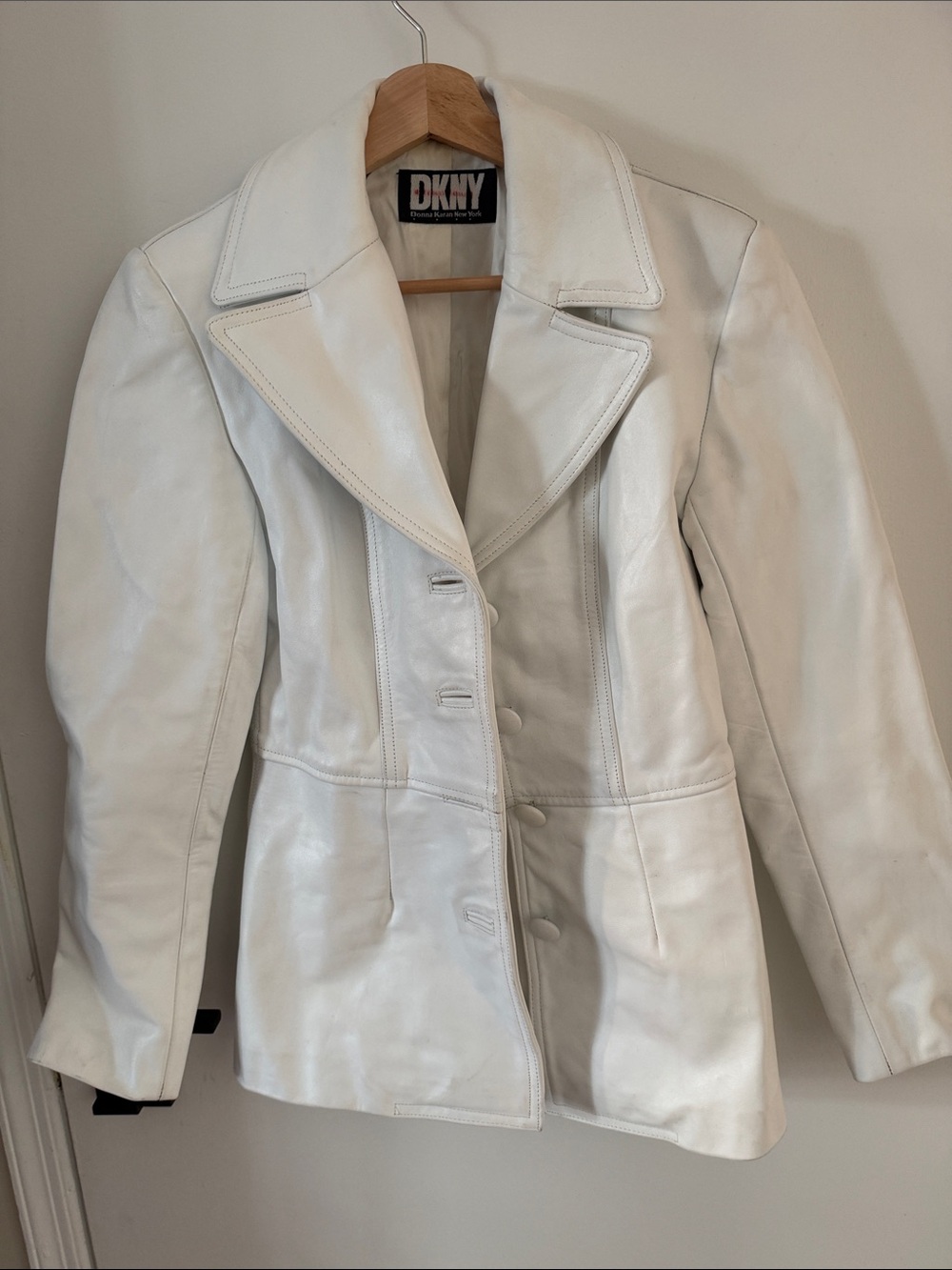 DKNY White Leather Button-Front Jacket with Notch Collar